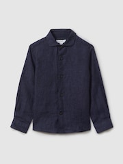 Reiss Navy Ruban 9-13 yrs Striped Linen Cutaway Collar Shirt - Image 2 of 5