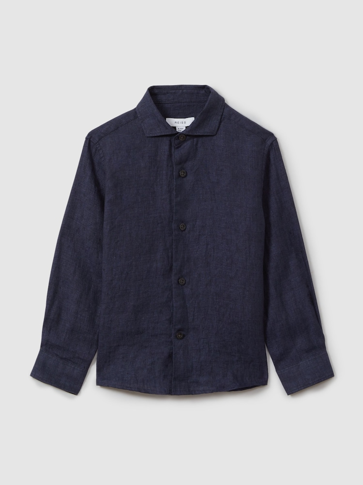 Reiss Navy Ruban 9-13 yrs Striped Linen Cutaway Collar Shirt - Image 2 of 5