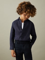 Reiss Navy Ruban 9-13 yrs Striped Linen Cutaway Collar Shirt - Image 4 of 5