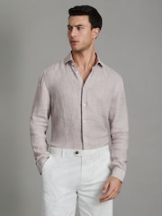 Reiss Oatmeal Puppytooth Ruban Linen Button-Through Shirt - Image 1 of 6