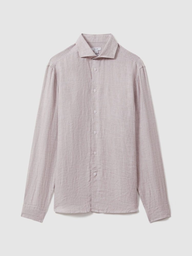 Reiss Oatmeal Puppytooth Ruban Linen Button-Through Shirt - Image 2 of 6