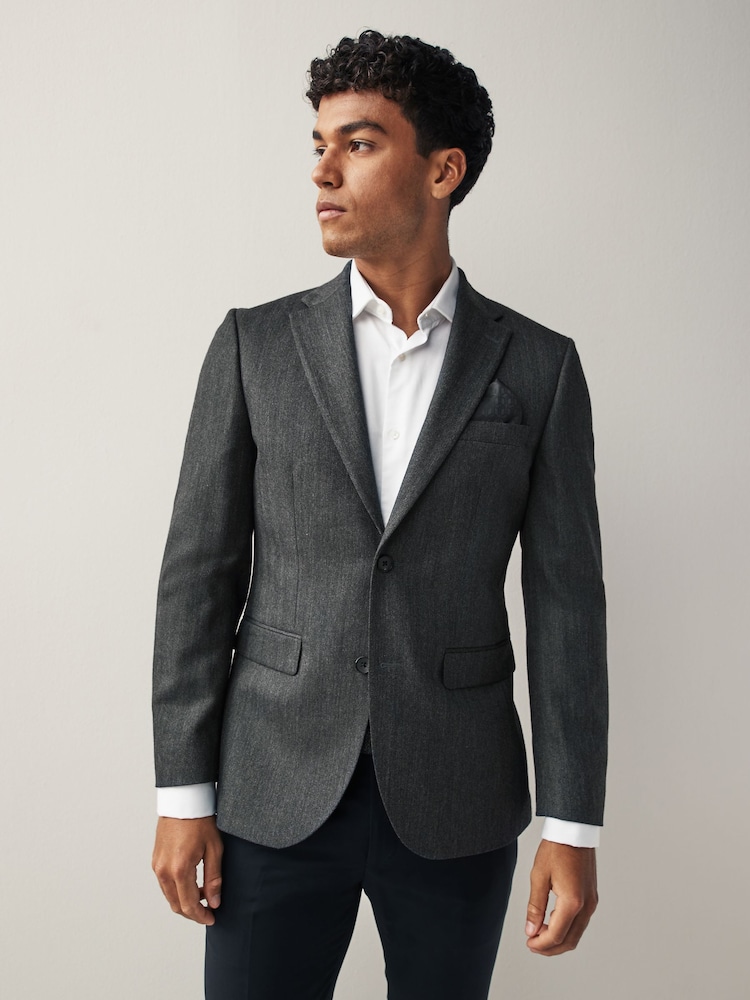 Grey Tailored Wool Blend Herringbone Suit Jacket - Image 1 of 11