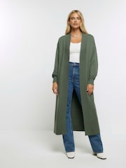 River Island Green Mixed Rib Maxi Cardigan - Image 1 of 6
