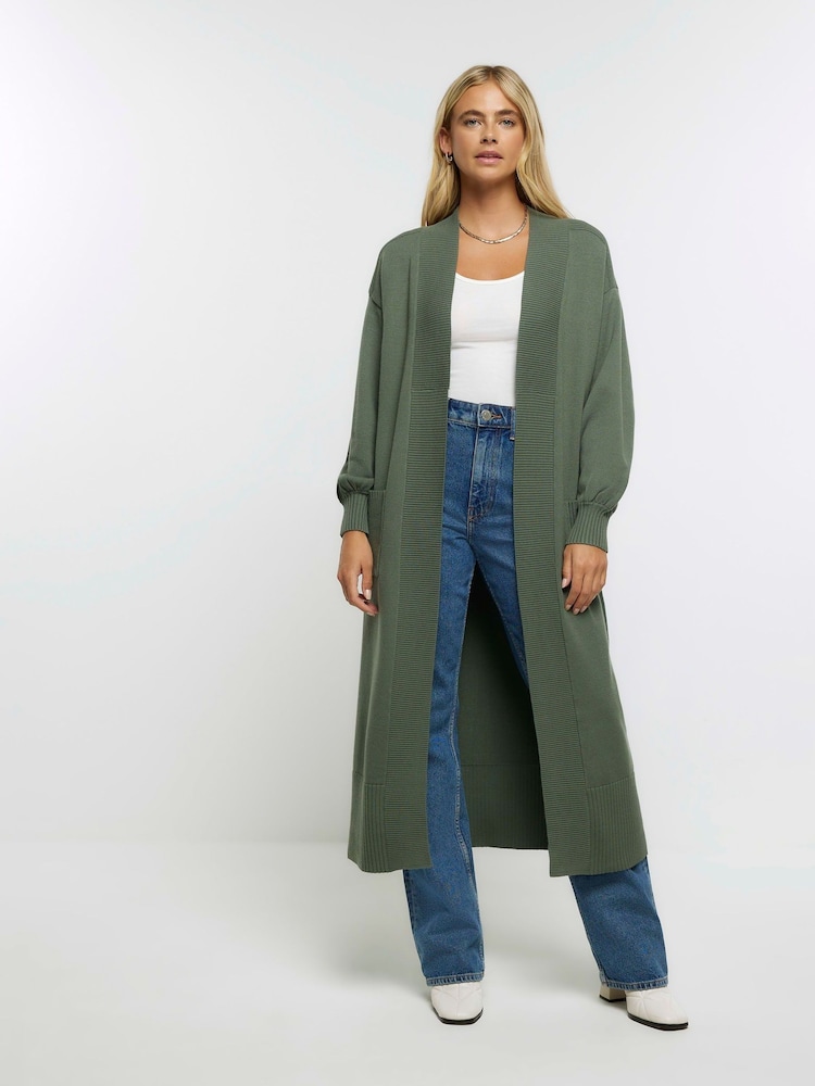 River Island Green Mixed Rib Maxi Cardigan - Image 1 of 6