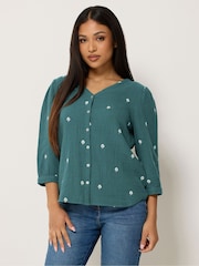 M&Co Blue Petite Floral Embroidered Button Top - Image 1 of 5