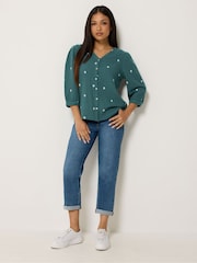 M&Co Blue Petite Floral Embroidered Button Top - Image 2 of 5