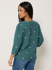 M&Co Blue Petite Floral Embroidered Button Top - Image 3 of 5