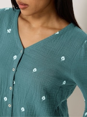 M&Co Blue Petite Floral Embroidered Button Top - Image 4 of 5