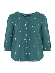 M&Co Blue Petite Floral Embroidered Button Top - Image 5 of 5