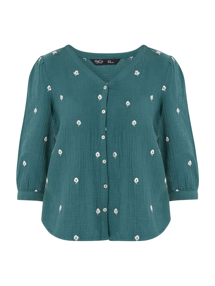 M&Co Blue Petite Floral Embroidered Button Top - Image 5 of 5
