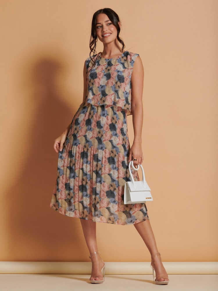 Jolie Moi Pink Chiffon Pleated Overlay Midi Dress - Image 1 of 6