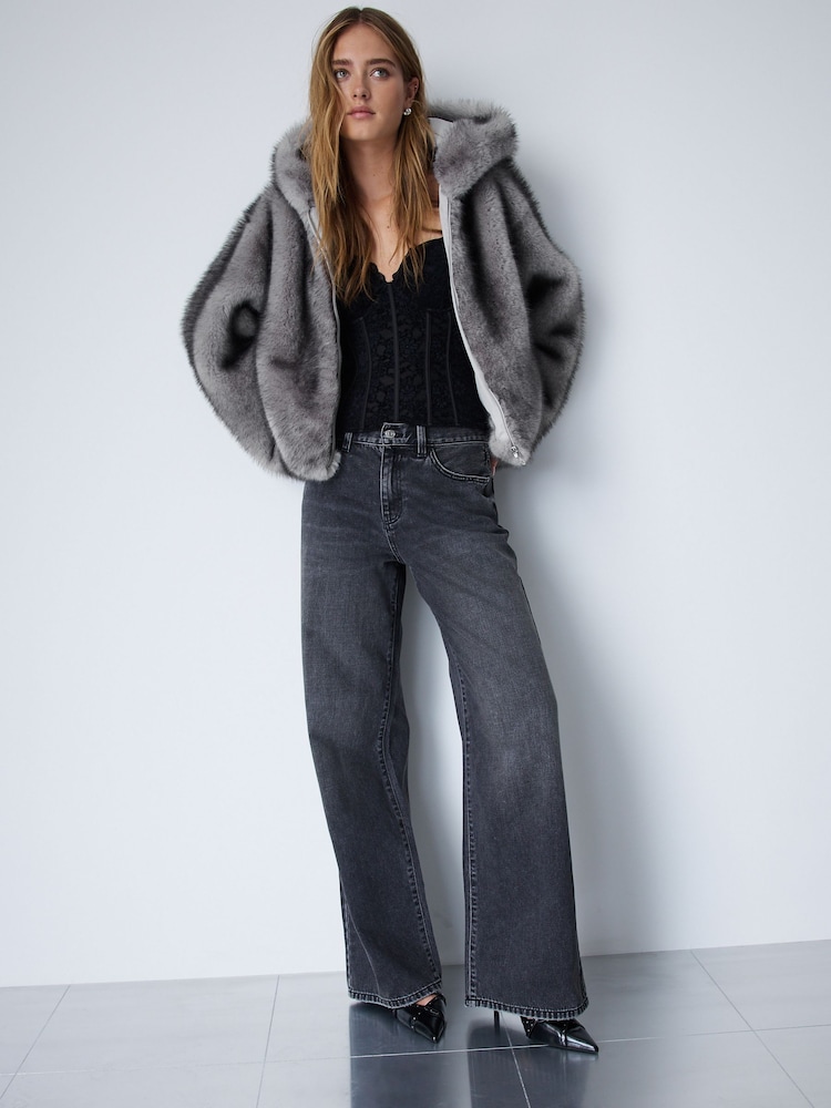 Grey Plush Faux Fur Hooded Jacket - Image 1 of 7 Grey Plush Faux Fur Hooded Jacket - Image 1 of 7