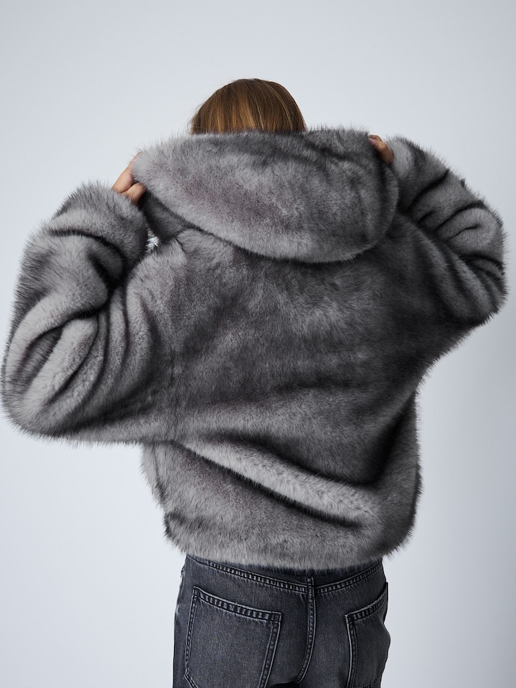 Grey Plush Faux Fur Hooded Jacket - Image 2 of 7 Grey Plush Faux Fur Hooded Jacket - Image 2 of 7