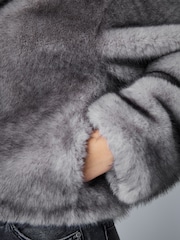 Grey Plush Faux Fur Hooded Jacket - Image 4 of 7
