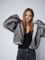 Grey Plush Faux Fur Hooded Jacket - Image 5 of 7