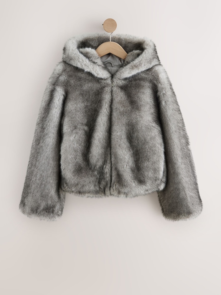 Grey Plush Faux Fur Hooded Jacket - Image 7 of 7 Grey Plush Faux Fur Hooded Jacket - Image 7 of 7