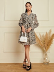 Jolie Moi Black Shirred Cuff Tie Waist Dress - Image 3 of 6