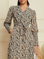 Jolie Moi Black Shirred Cuff Tie Waist Dress - Image 5 of 6