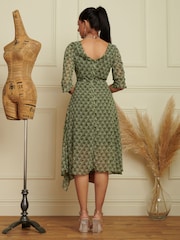 Jolie Moi Green Floral Chiffon Frill Hem Midi Dress - Image 2 of 6