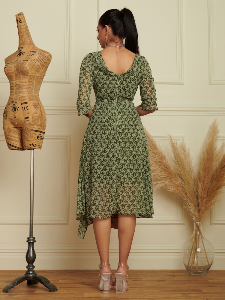 Jolie Moi Green Floral Chiffon Frill Hem Midi Dress - Image 2 of 6