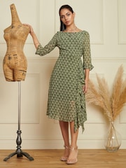 Jolie Moi Green Floral Chiffon Frill Hem Midi Dress - Image 3 of 6
