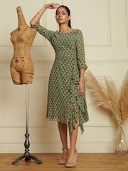 Jolie Moi Green Floral Chiffon Frill Hem Midi Dress - Image 4 of 6