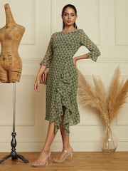 Jolie Moi Green Floral Chiffon Frill Hem Midi Dress - Image 5 of 6