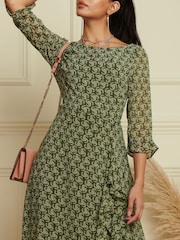 Jolie Moi Green Floral Chiffon Frill Hem Midi Dress - Image 6 of 6