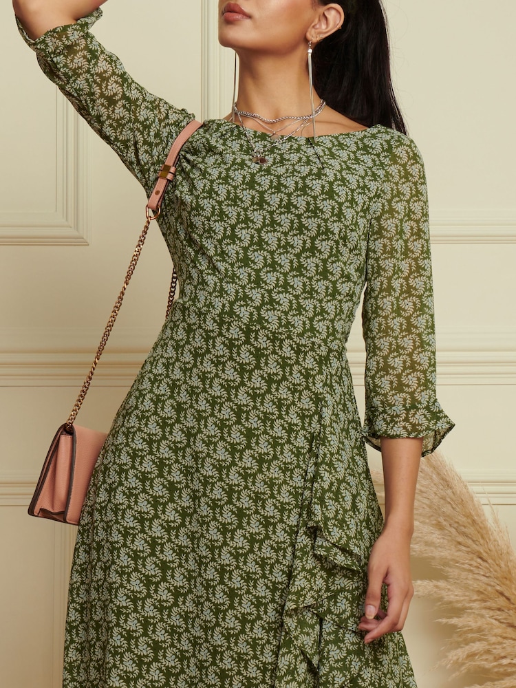 Jolie Moi Green Floral Chiffon Frill Hem Midi Dress - Image 6 of 6