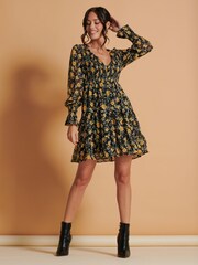 Jolie Moi Black V-Neck Shirred Detail Chiffon Dress - Image 1 of 6