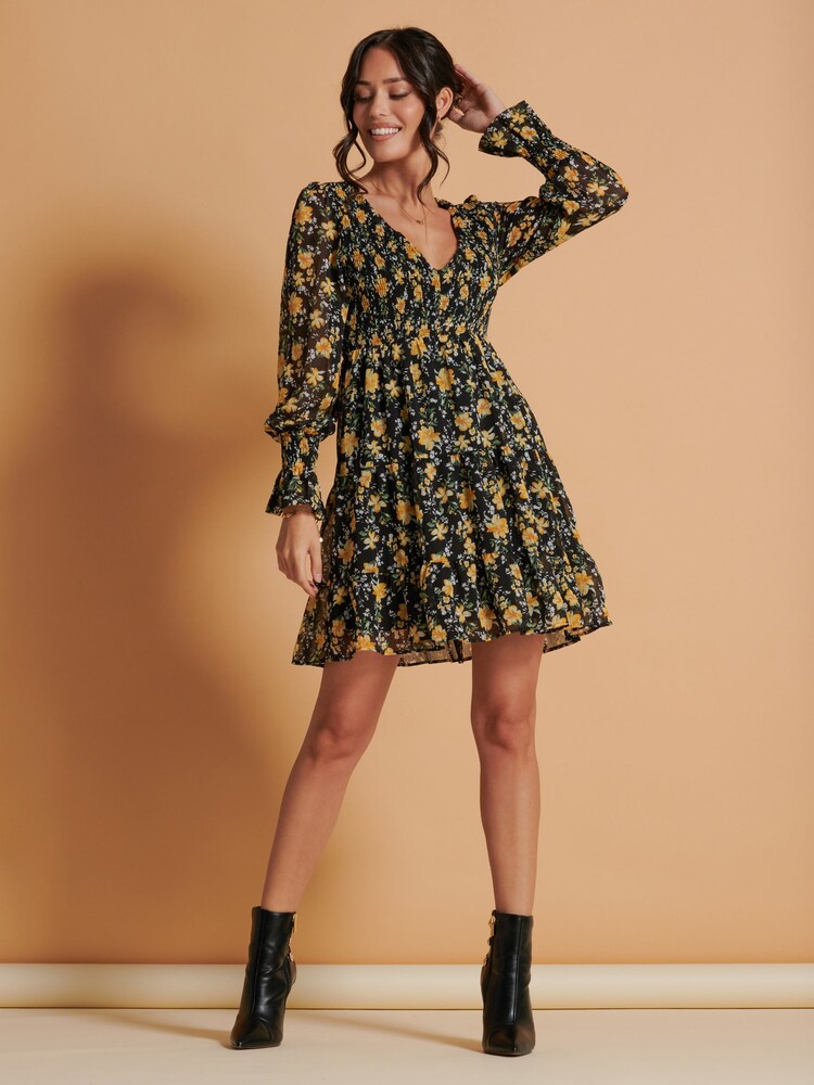 Jolie Moi Black V-Neck Shirred Detail Chiffon Dress - Image 1 of 6