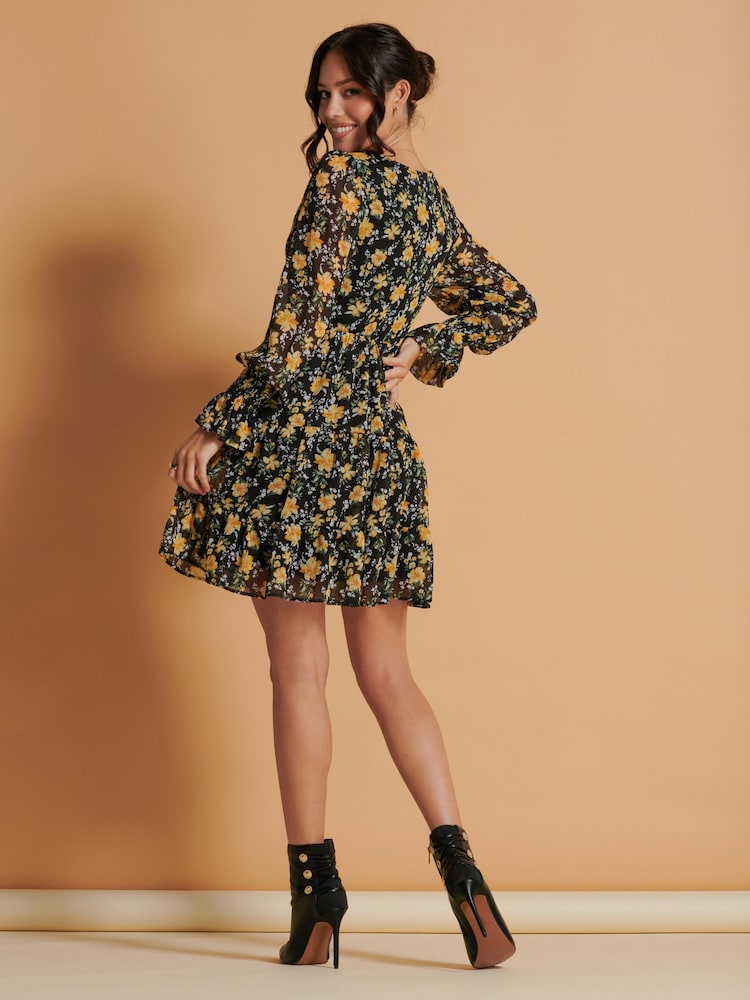 Jolie Moi Black V-Neck Shirred Detail Chiffon Dress - Image 2 of 6