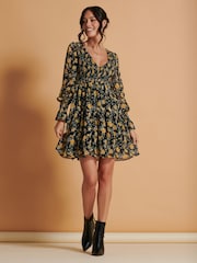 Jolie Moi Black V-Neck Shirred Detail Chiffon Dress - Image 3 of 6