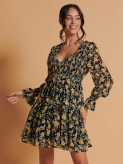 Jolie Moi Black V-Neck Shirred Detail Chiffon Dress - Image 5 of 6