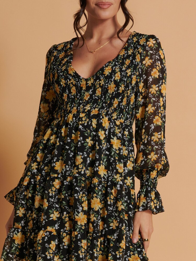 Jolie Moi Black V-Neck Shirred Detail Chiffon Dress - Image 6 of 6