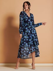 Jolie Moi Blue Floral Mesh Midi Dress - Image 1 of 6