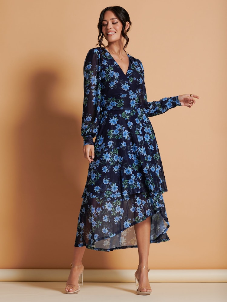 Jolie Moi Blue Floral Mesh Midi Dress - Image 1 of 6
