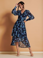 Jolie Moi Blue Floral Mesh Midi Dress - Image 3 of 6