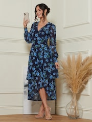 Jolie Moi Blue Floral Mesh Midi Dress - Image 4 of 6