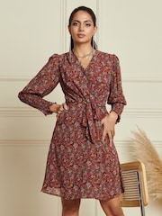 Jolie Moi Red Shirred Cuff Tie Waist Dress - Image 1 of 6