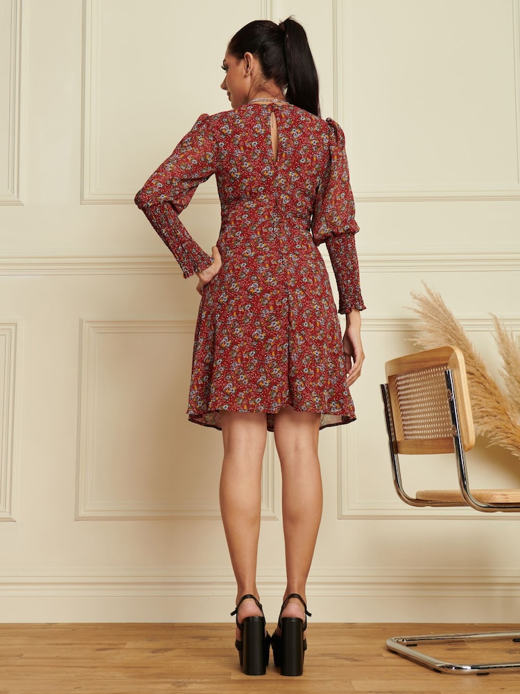 Jolie Moi Red Shirred Cuff Tie Waist Dress - Image 2 of 6