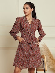 Jolie Moi Red Shirred Cuff Tie Waist Dress - Image 5 of 6