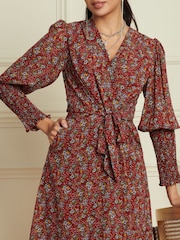 Jolie Moi Red Shirred Cuff Tie Waist Dress - Image 6 of 6