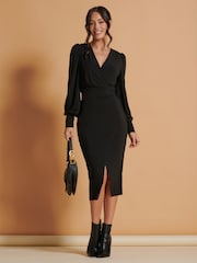 Jolie Moi Black Wrap Detail Jersey Bodycon Dress - Image 4 of 6
