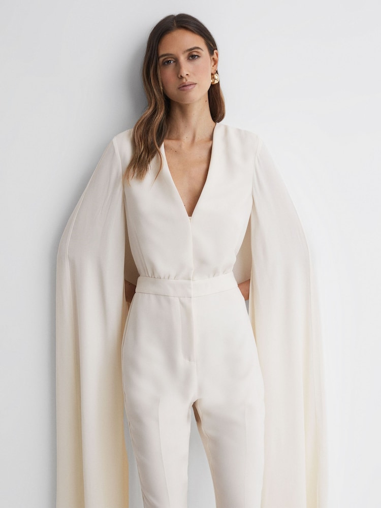 Reiss Ivory Olivia Cape Sleeve V-Neck Jumpsuit - Image 3 of 5