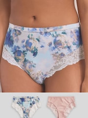 Blue Floral Print/Blush Pink High Rise Lace Trim Knickers 2 Pack - Image 1 of 10