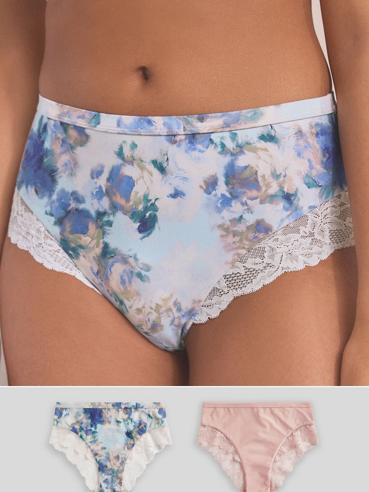 Blue Floral Print/Blush Pink High Rise Lace Trim Knickers 2 Pack - Image 1 of 10
