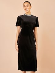Yumi Black Velvet Embellised Neckline Midi Dress - Image 1 of 5