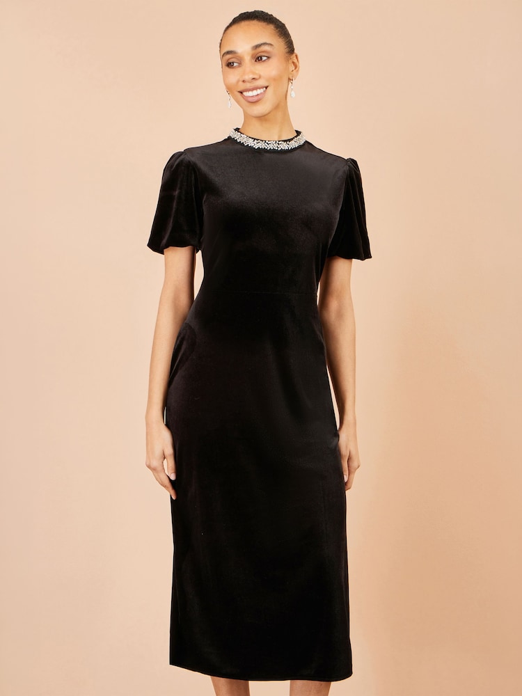 Yumi Black Velvet Embellised Neckline Midi Dress - Image 1 of 5 Yumi Black Velvet Embellised Neckline Midi Dress - Image 1 of 5