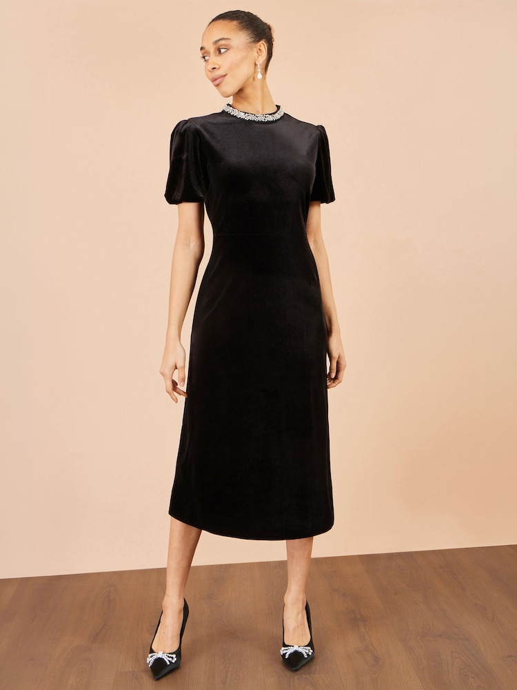 Yumi Black Velvet Embellised Neckline Midi Dress - Image 2 of 5 Yumi Black Velvet Embellised Neckline Midi Dress - Image 2 of 5